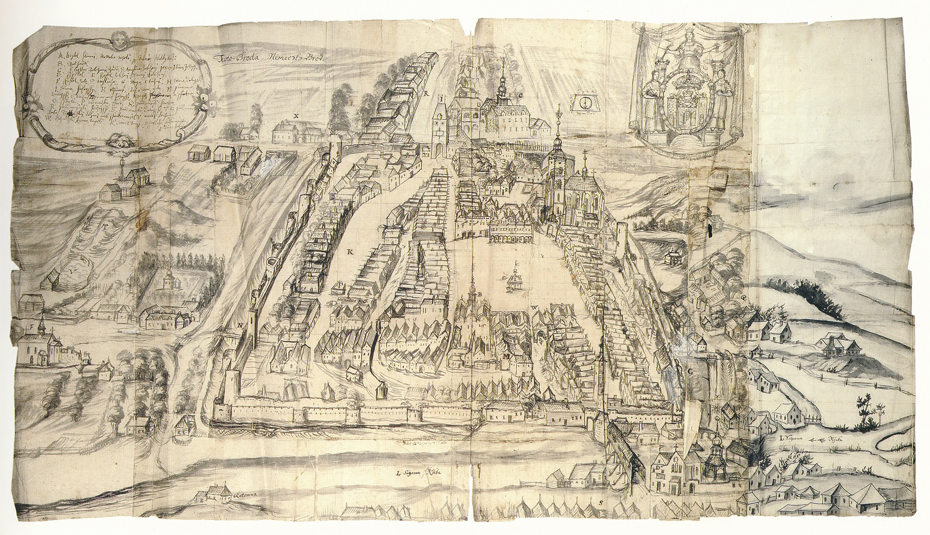 Nejstarší vyobrazení města z konce 17. století se zřejmou dispozicí historického jádra; vpravo je patrné pravidelné Havlíčkovo náměstí, vlevo protáhlý uliční prostor Rosmark, později Smetanovo náměstí 
