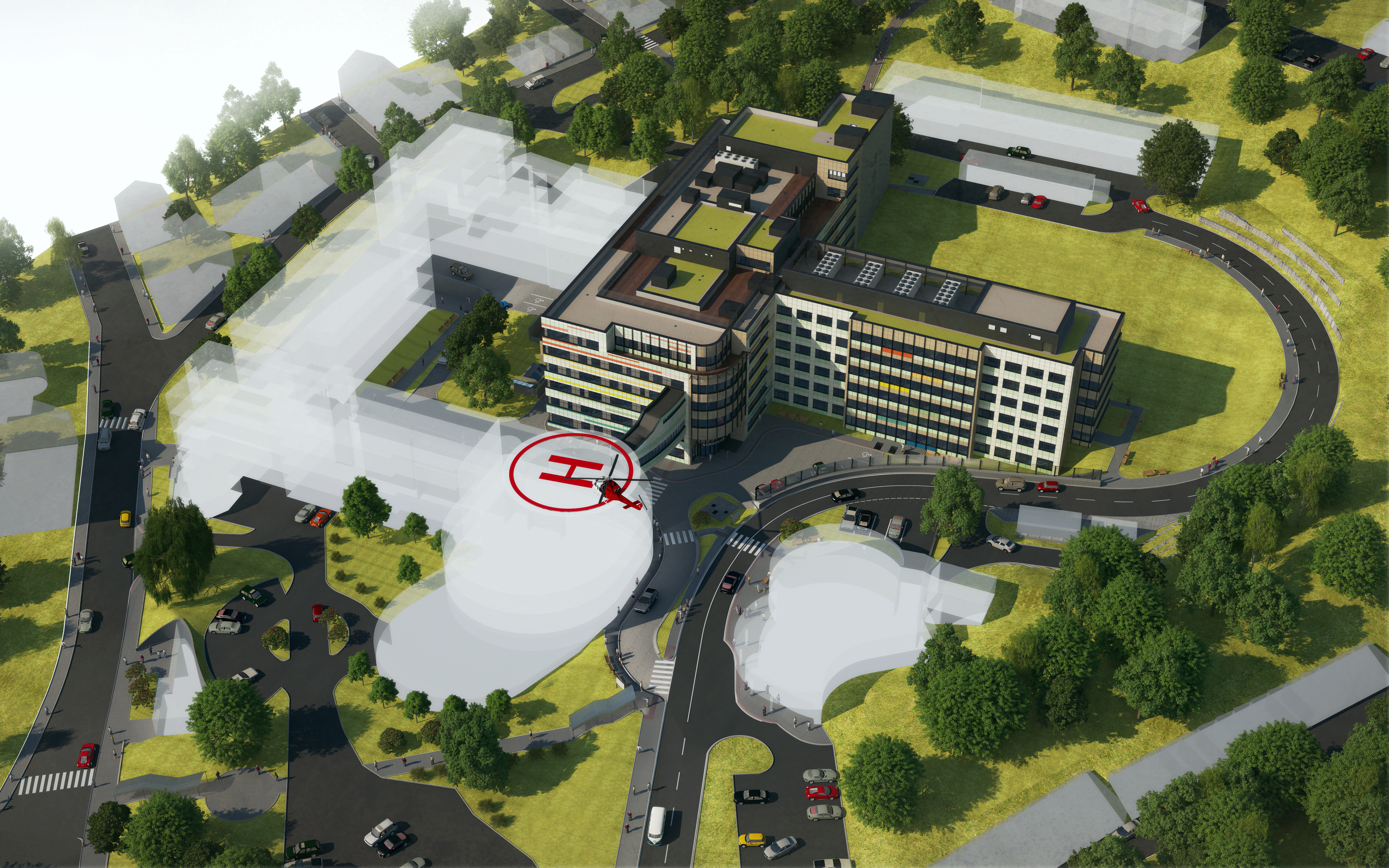 Celkový pohled na stavbu budovy nemocnice, vizualizace