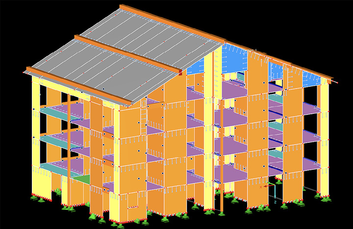 Obr. 09 Model vícepodlažní budovy z CLT panelů v programu RFEM