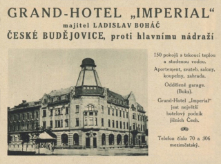 Grand Hotel Imperial v eskch Budjovicch, pvodn dobov reklama