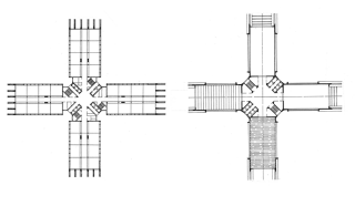 Obr. 07a Pyramidln budovy arch. Josefa Havlka  konstrukn pdorysn uspodn ttaktovho kancelskho podla; 07b Konstrukn uspodn pro velkoprostorov kancele bez vnitnch podpor