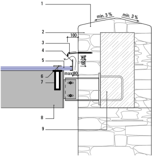 Obr. 02 Detail napojení skleněné střechy na atiku, 1 – koruna zdiva přezděná z placatých kamenů s pomocí speciální zdicí a trasvápenné malty, 2 – přezděné zdivo, 3 – závětrná lišta z měděného plechu vlepená do drážky ve zdivu, 4 – ukončující hliníkový profil nalepený na sklech, 5 – zasklení 10.10 ESG, VSG s meziskelní mléčnou fólií + podkladová těsnicí kaučuková páska odolná UV, 6 – uchycení skel pomocí kotevních terčů, 7 – nosný profil – svařenec z ocelových plechů, 8 – podélný nosník – svařenec z ocelových plechů,  9 – železobetonový věnec