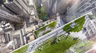 Obr. 01. Vizualizace pohledu shora na terasov zahrady vchodn fasdy ve 2WTC, zdroj: BIG