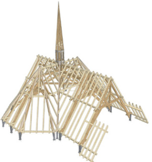 Obr. 18b 3D model krovu kostela vytvoen v tesaskm softwaru SEMA z 3D mrana bod zamench na pvodnm krovu ped demont (zdroj: H & B delta, s.r.o.)