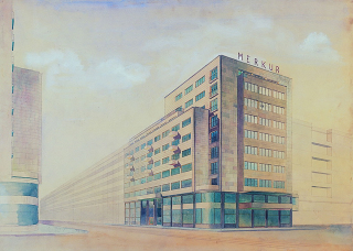 Budova  Merkur,  u  sout,  1934  (zdroj:  Malostransk  archiv  Jaroslava  Fragnera, Wikimedia Commons, CC BY-SA 3.0 CZ)