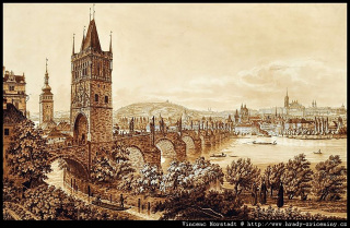 Prask hrad a Mal Strana od kltera kiovnk se Staromstskou mosteckou v ped Mockerovou pravou, 1825 (zdroj: obraz Vincence Morstadta)