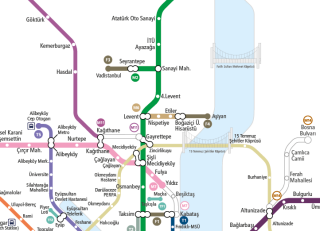 Obr. 02 Detail mapy systému kolejové dopravy Istanbulu (zdroj: Metro Istanbul, dostupné z: https://www.metro.istanbul/YolcuHizmetleri/AgHaritalari)