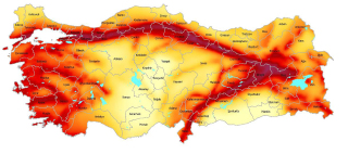 Seismick zny Turecka. Istanbul je v oranov zn s rizikem PGA 2,4 a 4,0 m/s2.