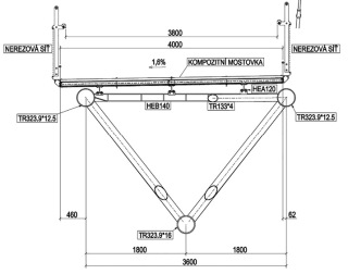 Obr. 03 Příčný řez lávkou a uložení kompozitní mostovky se zábradlím (zdroj: EXCON, a.s.)