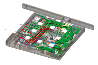 Waltrovka - model 1.PP 3D zobrazen veden rozvod TZB v suternu budovy. V prav sti jsou vidt vzduchotechnick rozvody (tmav zelen), uprosted pten kabelov trasy elektroinstalac (erven).