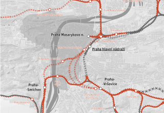 Obr. 05 Schéma předpokládaných tunelů v železničním uzlu Praha (červeně, čárkovaně) podle představ Institutu plánování a rozvoje hlavního města Prahy (IPR)