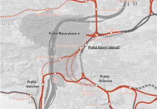 Obr. 05 Schma pedpokldanch tunel v elezninm uzlu Praha (erven, rkovan) podle pedstav Institutu plnovn a rozvoje hlavnho msta Prahy (IPR)
