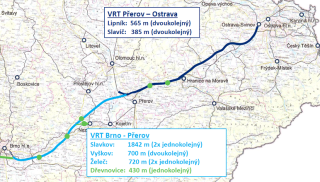 Obr. 07 Znázornění tunelů na trase VRT RS1 mezi Brnem a Ostravou (převzato ze studie proveditelnosti, 02/2021)