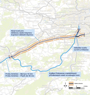 Obr. 03 Tunel Praha-Smíchov – Beroun a stávající trať podél Berounky