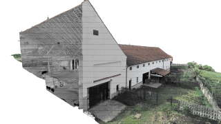 Obr. 4 Mrano bod  kombinace laserovho skenovn interiru a bezpilotn fotogrammetrie exteriru (RGB vstup)   
