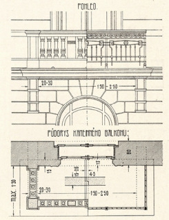 Obr. 4a Příklad řešení balkonu z kamenných desek s kamenným, resp. železným zábradlím (Kohout-Tobek 1911, 159).