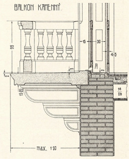 Obr. 4b Pklad een balkonu z kamennch desek s kamennm zbradlm (Kohout-Tobek 1911, 159).