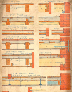 Obr. 5 Detaily stropních konstrukcí používaných ve 2. polovině 19. století na školní práci V. Vašátka z roku 1910: kazetový strop, povalový (typlový) strop, strop se zapuštěným záklopem, trámový strop s rákosníky, záklopový strop do traverz. (AA NTM, fond 121, i.d. 20060524). 