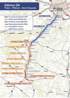 Obr. 3 Situace úseků dostavby dálnice D4 Praha – Příbram – Nová Hospoda