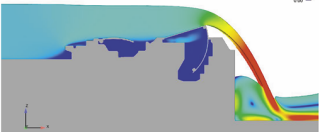 Obr. 14b Simulace jezovho provozu na hydrodynamickm modelu hornch vrat (zdroj: projektov dokumentace, AQUATIS, a.s., 2019)