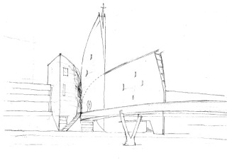 Obr. 02 Skica – loď, sakrálna veža, profánna veža, lávka, 1995