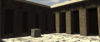 Obr. 20 Stav pilířového dvora s obětním oltářem a rituálním bazénkem tak, jak mohl vypadat v době vzniku. Jedná se o počítačovou vizualizaci.