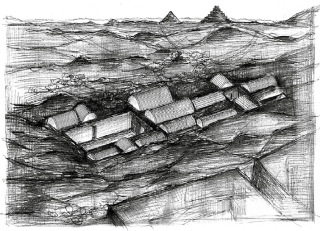Obr. 26 Pravděpodobný pohled na chrámek v době jeho postavení s celou situací pyramidového pole v Abúsíru