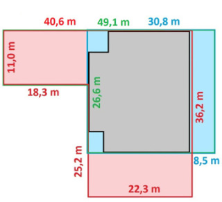 Obr. 04 Schéma tvarů a rozměrů typického průřezu věže po její výšce (červeně: 8.NP až 11.NP, zeleně: 20.NP až 27.NP, modře: 28.NP až 46.NP, černě: 93.NP až 99.NP)