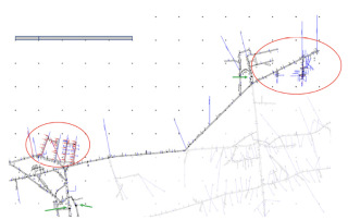 Obr. 2 Mapa provozované části 12. patra dolu mezi jámami B-2 a B-1