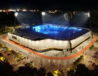 Obr. 4 Pohled na nový stadion, vizualizace (zdroj: Tomáš Vymetálek Architects s.r.o.)