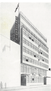 Nvrh z u soute na budovu TK v Praze, vypsan Ministerstvem veejnch prac roku 1927, kresba; budovu navrhli J. Fragner, J. Havlek, E. Linhart, a P. Smetana